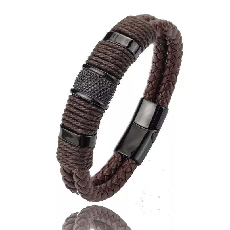 Vintage Stone Bead & Leather Men's Bracelet